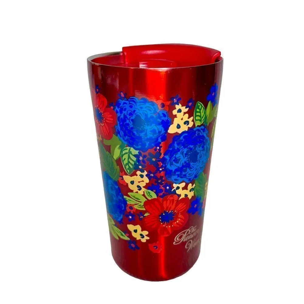Pioneer Woman Red Floral Stainless Steel Double Insulated Cup Coffee Tea W Top